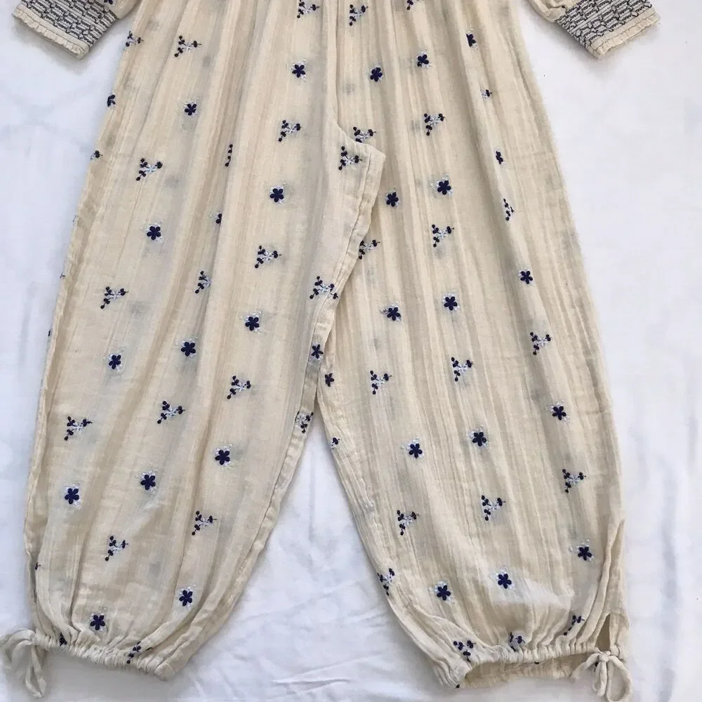 Free People Cream Blue Floral Embroidery Boho Cotton Jumpsuit Womens Large